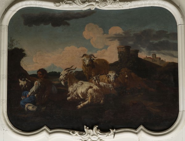 Shepherd Scene with a View of the Castle, Roos, Philipp Peter 1657–1706 painter. Multicolored composition with dominant shades of brown against a blue sky with white clouds and a distinct pink glow. In the foreground, the central group consists of two goats, a male and a female, lying down, with a male goat standing behind them. On the left, a slope, a dog, and a shepherd sitting in half-profile, wearing a brown sheepskin coat, blue trousers, a white shirt, and stockings. On the right, in the background on a hill, two cylindrical buildings, behind them castle buildings. 18th century, Italy; overdoor. Height 92.0 cm, width 115.0 cm., A pastoral scene shows a group of animals and a seated person in a landscape under a sky with large clouds; the animals include several goats with shaggy white and brown fur and a larger brown sheep or ram with curved horns, all gathered on dark ground; the seated person wears garments in blue and white with a darker vest and is positioned near the animals;...