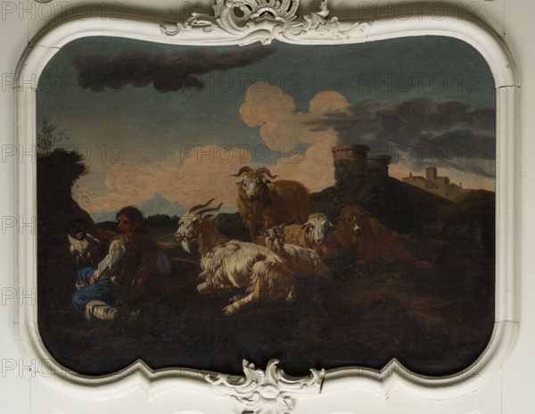 Shepherd Scene with a View of the Castle, Roos, Philipp Peter 1657–1706 painter. Multicolored composition with dominant shades of brown against a blue sky with white clouds and a distinct pink glow. In the foreground, the central group consists of two goats, a male and a female, lying down, with a male goat standing behind them. On the left, a slope, a dog, and a shepherd sitting in half-profile, wearing a brown sheepskin coat, blue trousers, a white shirt, and stockings. On the right, in the background on a hill, two cylindrical buildings; behind them, castle buildings. 18th century, Italy; overdoor; height 92.0 cm, width 115.0 cm., A painted scene shows a group of animals including several goats and a few sheep with varied fur textures and colors such as white, cream, brown, and tan gathered on a dark foreground; a person sits among them wearing clothing with blue, white, and brown tones; the middle ground contains a rounded stone structure and low hills in dark brown and green, and ...