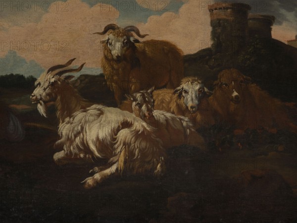 Shepherd Scene with a View of the Castle, Roos, Philipp Peter 1657–1706 painter. Multicolored composition with dominant shades of brown against a blue sky with white clouds and a distinct pink glow. In the foreground, the central group consists of two goats, a male and a female goat; the animals are lying down, with a male goat standing behind them. On the left, a slope, a dog, and a shepherd sitting in half-profile, wearing a brown sheepskin coat, blue trousers, a white shirt, and stockings. On the right side, in the background, on a hill, two cylindrical buildings, behind them the castle buildings. 18th century, Italy; overdoor; height 92.0 cm, width 115.0 cm, A group of several goats and sheep rest on dark ground in a landscape under a sky with pale blue and pinkish clouds; a large brown sheep stands toward the back while a few lighter-colored animals with long, shaggy white and cream fur lie in the foreground, their faces showing tones of white, gray, and brown; darker brown and bl...