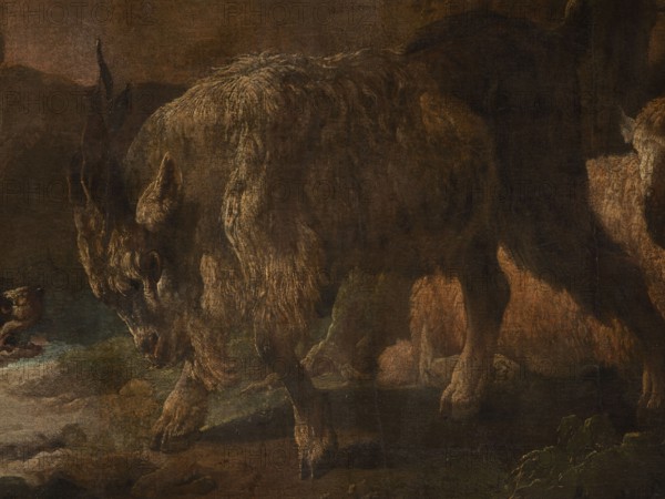 A dog scene with a dog barking at a goat, Roos, Philipp Peter 1657–1706 painter. The general tone of light browns and shades of pink with cumulus clouds, the glow of the last plan beyond the arcade of the bridge with ruined buildings surrounds the view of urban buildings by the river. In the foreground, a dog barking at a goat that is attacking it; on the right side, a sheep lying near a tree trunk. 18th century, Italy, overdoor, height 90.0 cm, width 115.0 cm., A large shaggy animal with curved horns stands with its head lowered, showing textured fur in shades of brown, tan, and dark brown, with highlights of lighter beige; its legs and hooves are visible and darker toward the lower parts. The ground beneath appears earthy with greenish patches and darker brown shadows, and a pale area at the lower left suggests a lighter surface. In the background there are indistinct shapes and rocky forms in deep brown and muted orange tones, and a small dark green cluster of vegetation is visible ...