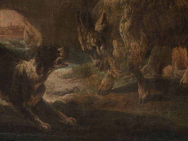 A dog scene with a dog barking at a goat; artist: Philipp Peter Roos 1657–1706. The general tone of light browns and shades of pink with cumulus clouds, the glow of the last plan beyond the arcade of the bridge with ruined buildings surrounds the view of urban buildings by the river. In the foreground, a dog barking at a goat that is attacking it; on the right side, a sheep lying near a tree trunk. 18th century, Italy; overdoor; oil on canvas; height 90.0 cm, width 115.0 cm., A dimly lit scene shows a dark-furred animal on the left facing a larger lighter-furred animal on the right, both with visible teeth and open mouths. The left animal has darker brown and black fur with lighter beige highlights on its legs and chest, while the right animal has varying shades of brown, tan, and beige with textured fur. The ground beneath them is dark brown and olive, and there are rocky formations and patches of muted green vegetation in the background. The overall palette includes dark brown, black...