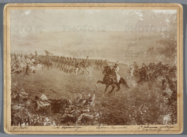 Painting the Raclawice Panorama: fragment of a canvas depicting the Ozarowski regiment and Tadeusz Kosciuszko on horseback leading the second column of scythe-bearers into battle, painting reproduction by Wojciech Kossak after the Panorama of the Battle of Raclawice by Jan Styka and others; painted panoramas; Kosciuszko, Tadeusz 1746–1817 — iconography; photography from nature; photographic print glued onto cardboard backing; dimensions: print 11.9 × 17.1 cm, backing 13.5 × 18.5 cm; created 1893–1894, Lviv; Hamel and Feigl Lviv; typesetting of photographic materials; 1892–ca.1905 photographer/producer., A sepia-toned scene shows a large open field with a group of soldiers in formation extending across the middle ground, facing towards mounted figures to the right; several mounted riders are prominent, one near the center riding a dark horse and wearing a lighter-colored coat, and a group of riders to the right creating a sense of movement with raised dust; in the foreground a few falle...