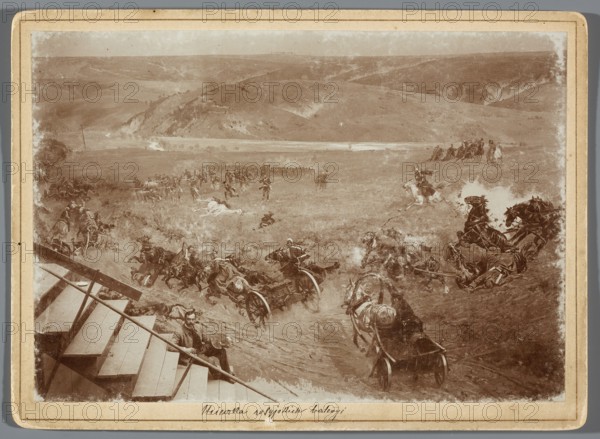 Wojciech Kossak sitting with a palette on scaffolding next to a section of the Raclawice Panorama canvas depicting a battle scene of a company of Józef Wodzicki’s 2nd Infantry Regiment; photographic print photography from nature mounted on cardboard, ca. 1893–1894; height 11.9 cm, width 17.1 cm; backing 13.5 × 18.5 cm. Includes subjects: Kossak, Wojciech 1856–1942; Panorama of the Battle of Raclawice; Styka, Jan 1858–1925; painters’ studios, painting panoramas, painting palette, scaffolding; photograph by Hamel and Feigl Lviv; typesetting of photographic materials; 1892–ca.1905., The image shows a wide outdoor scene with a group of horses and riders in motion across grassy terrain, some horses pulling two-wheeled carts and some fallen or tumbling; a few figures are on foot scattered across the field. In the foreground a man sits on wooden steps beside a handrail, wearing a jacket. The midground contains clusters of riders and horses engaged in dynamic movement, with dust or smoke near ...