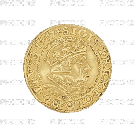 Gdansk ducat depicting Sigismund I the Old King of Poland; reign 1506–1548; coin minted in Gdansk, Poland., A circular gold coin photographed against a white background, showing the embossed profile of a crowned figure facing right with a detailed headdress and draped clothing; the coin has a raised border with decorative beading and a ring of embossed characters around the portrait; the surface shows areas of smooth polish and slight wear, with visible raised ridges and shallow depressions; visible colors include gold and white, with small darker spots of tarnish on the coin.