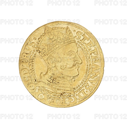 Gdansk ducat, Stefan I Batory king of Poland; 1575–1586,  titles, positions / hierarchy of power / ruler author, Gdansk type of places / locality, Poland type of places / place of origin, coin, A round gold-colored coin featuring a raised profile of a person wearing an ornate crown and detailed collar, with decorative beads and patterned edging around the portrait; the coin surface shows worn and textured areas and a rim with raised elements; the visible colors are gold and subtle darker gold shadows.