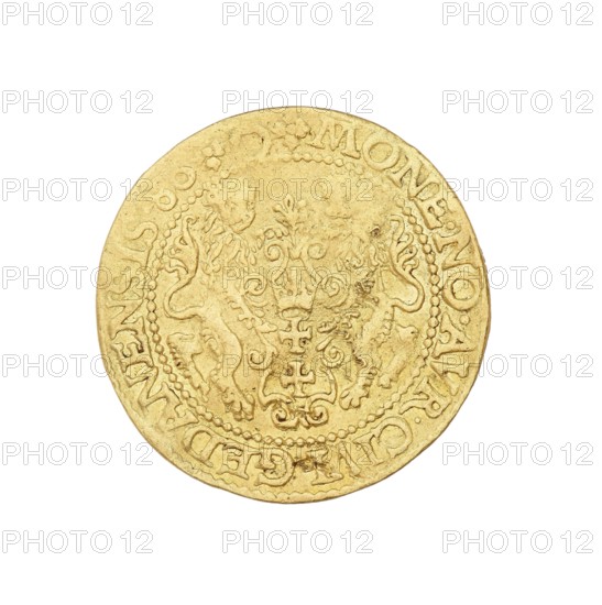 Gdansk ducat, Stefan I Batory king of Poland; 1575–1586, author; Poland; Gdansk; coin, A single round coin with a worn, embossed design fills the center of the image; the coin is predominantly gold in color with areas of darker, slightly brownish wear. The surface shows ornate, raised decorative elements including flowing scrollwork and shield-like forms, and there are two mirror-like animal figures flanking the central motif. A beaded circular border runs near the rim, and the coin edge appears slightly irregular and aged. The background around the coin is plain white.