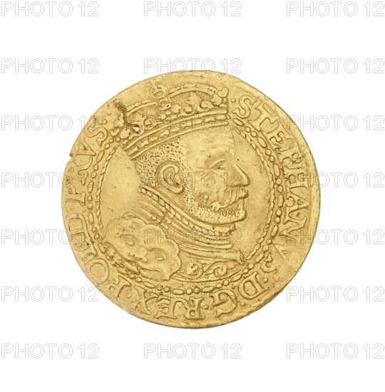 Gdansk ducat, Stefan I Batory king of Poland; 1575–1586 author, 1586, Poland, Gdansk, coin, A round gold-colored coin featuring a raised profile of a bearded man wearing a crown and ornate collar, surrounded by decorative beaded and rope-like circular borders and a ring of embossed text; the coin shows surface wear and small irregularities along its edge and has areas of lighter and darker gold shading.