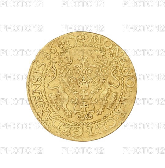 Gdansk ducat, Stefan I Batory king of Poland; 1575–1586 role of the creator / titles / ruler, 1586, Poland, Gdansk; coin, A round metallic object with a golden color, showing ornate raised relief decoration including a central symmetrical floral or scroll motif flanked by two stylized animals facing inward, a beaded circular border, and an outer ring with raised decorative elements; the surface shows slight wear and irregularities along the edge.