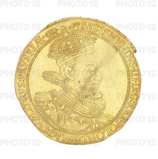 Gdansk Donative; Ammon, Samuel fl. 1613–1623, co-creator medalist; Sigismund III Vasa King of Poland; 1587–1632, author; Gdansk, Poland; coin, A round metallic coin shown against a white background, with a raised profile portrait of a bearded man wearing an ornate crown and detailed clothing with decorative patterns and a ruffled collar; the coin has a textured rim with embossed designs and a small irregular notch on the edge; the visible colors are gold and shades of yellow.