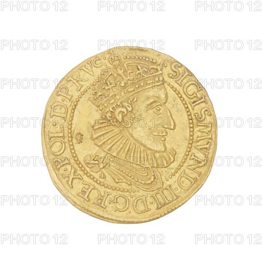 Gdansk ducat; Klüwer, Filip fl. 1588–1601, mintmaster co-creator; Sigismund III Vasa King of Poland; r. 1587–1632, issuer; struck in Gdansk, Poland; coin., A round gold-colored coin shown against a white background with a raised profile of a bearded man wearing a crown and a ruffled collar at the center; the coin surface has decorative beaded borders and a ring of raised lettering around the edge that is not described, and the portrait and crown include detailed engraved lines and textures; the coin shows wear and slight irregularities along its rim and has overall colors of gold and pale yellow.