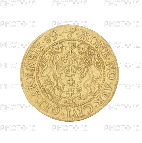 Gdansk ducat. Klüwer, Filip fl. 1588–1601 mintmaster, co-creator. Sigismund III Vasa King of Poland; r. 1587–1632 author/ruler. Poland; Gdansk mint. Coin., A round, metallic coin shown against a white background with a central ornate shield flanked by two stylized lions and decorative scrollwork; the surface is textured with raised designs and a beaded inner border, and the coin appears in shades of gold and yellow.