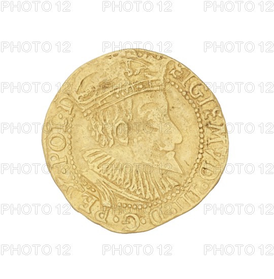 Gdansk ducat; Klüwer, Filip fl. 1588–1601, mintmaster; Sigismund III Vasa King of Poland; r. 1587–1632, depicted/issuer; made in Gdansk, Poland; coin., A circular gold-colored coin with an embossed profile of a person wearing a crown and a ruffled collar, surrounded by a raised dotted border and decorative rim; the coin shows textured surfaces and slight irregularities along its edge, and the visible colors are shades of gold and pale yellow against a white background.
