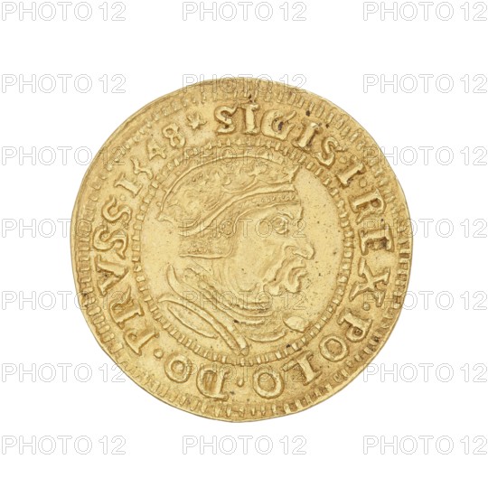 Gdansk ducat — forgery; Sigismund I the Old king of Poland; reign 1506–1548 — coin; Poland., A round metallic coin shown against a white background with a raised profile of a person wearing a crown or helmet in the center; the coin has textured and patterned edges and raised decorative border elements; the surface appears worn with small scratches and pitting; visible colors include gold and pale yellow tones.