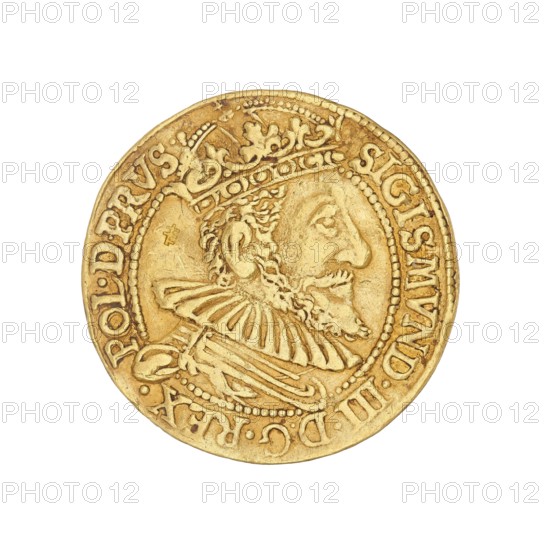 Gdansk ducat. Maker: Filip Klüwer fl. 1588–1601, mintmaster; struck under Sigismund III Vasa King of Poland, r. 1587–1632. Place: Gdansk, Poland. Object: coin., A round gold coin photographed against a white background showing a raised portrait of a bearded man in profile wearing a decorative crown and a ruffled collar, with ornate engraved details and a beaded inner border; the coin surface is metallic gold with areas of darker patina and subtle shine, and the outer rim shows raised decorative motifs and embossed shapes.