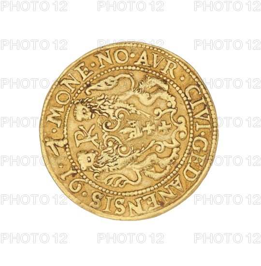 Gdansk ducat, Klüwer, Filip fl. 1588–1601 mintmaster; co-creator, Sigismund III Vasa King of Poland; r. 1587–1632 author; ruler, Poland, Gdansk mint, coin, A round metallic object with a textured surface in shades of gold and yellow, showing an embossed central design of ornate, flowing shapes that resemble stylized animals and decorative scrollwork, surrounded by a raised dotted inner border and a raised outer rim featuring a ring of raised characters and small decorative marks; the metal shows slight variations in tone with darker golden-brown areas in recesses and lighter highlights on raised portions, and the overall background is plain white.