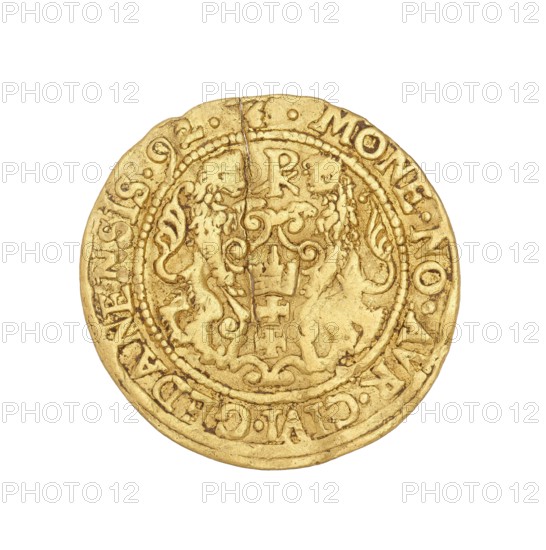 Gdansk ducat; Filip Klüwer fl. 1588–1601, mintmaster; Sigismund III Vasa King of Poland, r. 1587–1632; struck in Gdansk, Poland; coin., A circular gold-colored coin with a textured surface showing worn raised designs and ornamental borders, featuring a central crest flanked by two stylized lions and decorative scrollwork, with a thin irregular crack running from the edge toward the center, and visible areas of wear and patina in shades of gold and darker golden-brown.