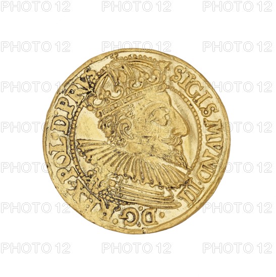 Gdansk ducat. Maker: Filip Klüwer fl. 1588–1601, mintmaster co-creator. Obverse inscription: Sigismund III Vasa King of Poland; r. 1587–1632 author. Place of creation: Gdansk, Poland. Object type: coin., A circular metallic object with a golden color fills the center of the image, showing the raised profile of a bearded person wearing an ornate crown and a pleated collar; the surface has textured and worn areas with darker tarnished spots and fine engraved details around the edge, and the background is plain white.