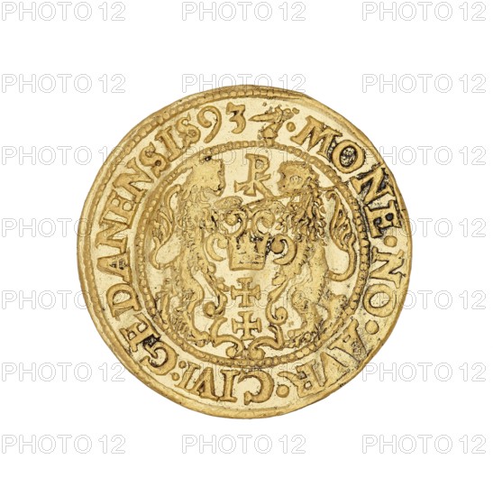 Gdansk ducat; Klüwer, Filip fl. 1588–1601, mintmaster co-creator; Sigismund III Vasa King of Poland, r. 1587–1632 author; Poland, Gdansk; coin., A round gold-colored coin with a raised decorative border and an embossed central design featuring a crowned motif flanked by two stylized animal figures facing each other, surrounded by an outer ring of raised lettering and decorative dots; visible colors include gold and areas of darker gold or brownish shading.