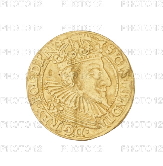 Gdansk ducat; maker: Filip Klüwer fl. 1588–1601, mintmaster; issuer: Sigismund III Vasa, King of Poland reigned 1587–1632; place of manufacture: Gdansk, Poland; coin., A single round coin with a metallic golden color fills most of the frame, showing a raised profile of a bearded man wearing an ornate crown and a high, pleated ruff; the coin surface has textured ornamental details and a raised border with decorative marks, and the background around the coin is white.
