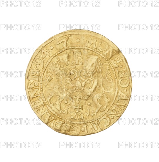 Gdansk ducat; Klüwer, Filip fl. 1588–1601, mintmaster co-creator; Sigismund III Vasa King of Poland; 1587–1632, ruler author; Poland, Gdansk mint; coin., A round gold-colored coin with a raised rim and an ornate circular border enclosing a central design, showing two mirrored lion-like beasts flanking a decorative crowned emblem with scrollwork, surrounded by a ring of raised dots and a wider outer band featuring carved characters; the coin surface shows subtle variations in gold tones with some darker and lighter areas and a slightly worn, textured finish.