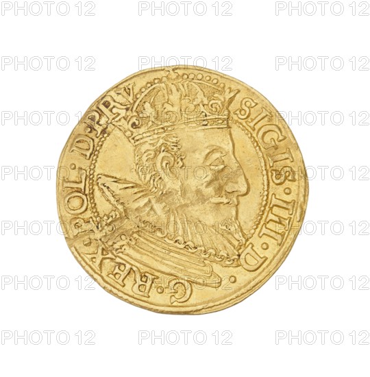 Gdansk ducat; Klüwer, Filip fl. 1588–1601, mintmaster co-creator; Sigismund III Vasa King of Poland; r. 1587–1632 author; Poland, Gdansk; coin., A round gold-colored coin with a raised profile of a crowned man facing right, showing facial hair and a detailed ruffled collar; decorative beading runs around the inner edge and there is an ornate crown with scrollwork, with textured surfaces and varying shades of gold and yellow across the metal.