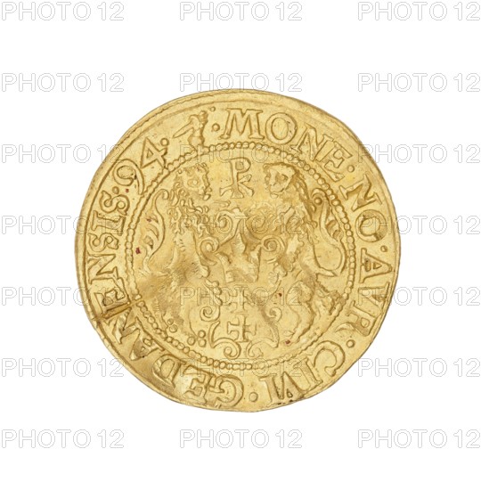 Gdansk ducat, Filip Klüwer fl. 1588–1601, mintmaster; Sigismund III Vasa King of Poland, r. 1587–1632; Poland, Gdansk; coin., A round, metallic object with a textured surface in shades of gold and yellow fills the frame, showing embossed decorative patterns and a raised outer rim; within the central area there are two stylized animal figures facing each other with ornate, curling details between and around them, and a small, simple cross-like motif near the center; the surface shows slight irregularities and subtle darker gold shading in worn areas, with a few tiny reddish spots on the face.