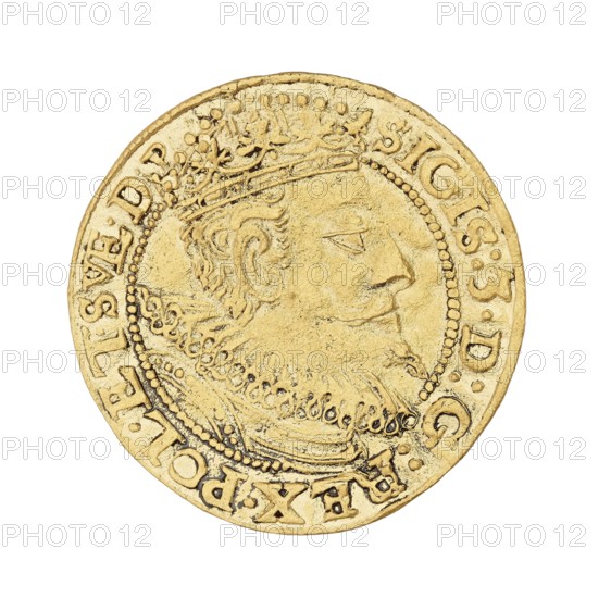 Gdansk ducat; Klüwer, Filip fl. 1588–1601, mintmaster co-creator; Sigismund III Vasa King of Poland; 1587–1632, ruler author; Poland, Gdansk; coin., A round metallic coin with a golden color showing a raised profile of a man's head wearing a crown and a detailed ruffled collar, surrounded by a textured border and ornate raised decorative elements.