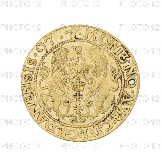 Gdansk ducat; Filip Klüwer fl. 1588–1601, mintmaster co-creator; Sigismund III Vasa King of Poland, r. 1587–1632 author; struck in Gdansk, Poland; coin., A circular metallic object with a worn textured surface, predominantly gold in color with darker brownish-gold accents in recessed areas, showing decorative raised relief work including two mirrored animal figures facing inward and ornate scroll-like patterns around a central crowned emblem, all surrounded by a beaded inner rim and a raised outer rim with carved markings; the lighting reveals subtle highlights and shadows emphasizing the raised details and the object sits against a plain white background.