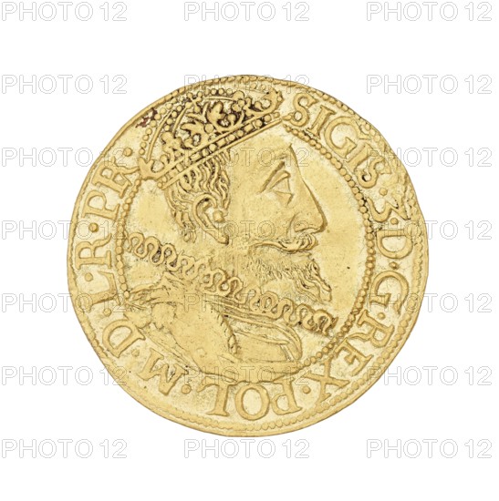 Gdansk ducat; Daniel Klüwer fl. 1608–1618, mintmaster co-creator; Sigismund III Vasa King of Poland, r. 1587–1632, issuer; struck in Gdansk, Poland; coin., A round metallic coin showing a raised profile of a man wearing a crown and decorative collar, with ornate engraved patterns and a beaded inner border; the coin surface appears worn and textured with small pits and scratches, and the visible colors are gold and touches of darker brown in some recessed areas.