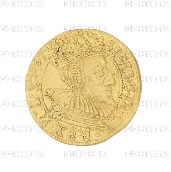 Gdansk ducat, Sigismund III Vasa king of Poland; 1587–1632, author; Poland, Gdansk; coin, A round metallic object in gold color fills the frame, showing a raised profile of a person wearing an ornate crown and a ruffled collar; the figure has facial hair and a defined nose and ear. The coin surface displays decorative floral and beaded patterns around the inner edge and a textured, slightly worn appearance with subtle shadows and highlights in gold tones. The background around the object is plain white.