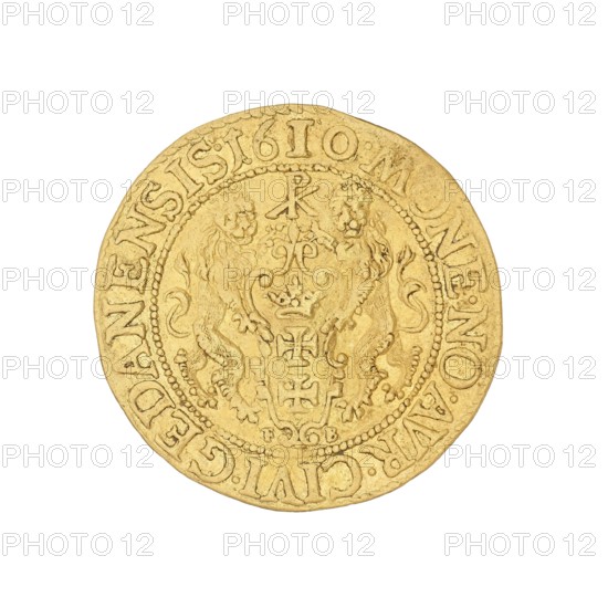 Gdansk ducat, Sigismund III Vasa king of Poland; 1587–1632 author / role: ruler, Poland, Gdansk, coin, A circular golden coin with a slightly irregular edge, showing a raised decorative border and an inner circular beaded rim; within the inner area there is a central shield topped by a small crown flanked by two upright heraldic lions facing inward, and ornate scrollwork around them; the coin surface shows textured relief and wear with a few shallow scratches and dents; the visible colors are shades of gold and pale yellow.