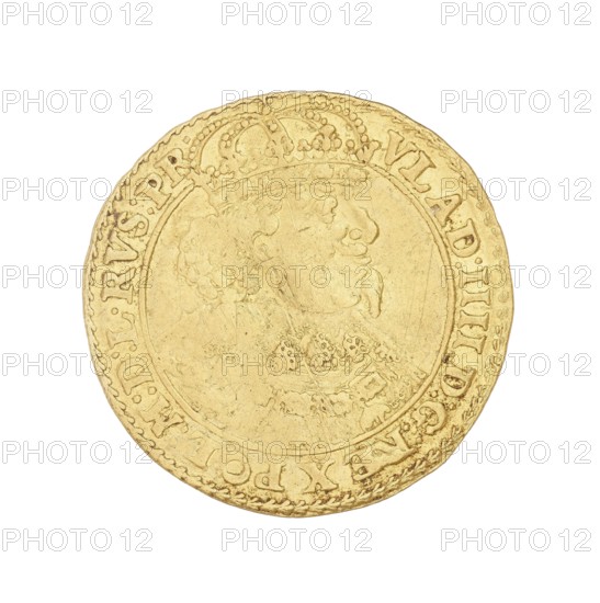 Gdansk ducat, Rogge, Gerhard fl. 1639–1657 mint lessee; co-creator, Wladyslaw IV Vasa King of Poland; r. 1632–1648 author, Poland, Gdansk, coin, A round coin with a worn relief portrait of a person in profile wearing a crown and ornate collar, shown against a white background; the coin is primarily gold in color with areas of darker gold and light brownish wear, and it has a raised decorative rim and an outer band with repeated raised elements.
