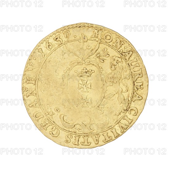 Gdansk ducat; Rogge, Gerhard fl. 1639–1657, co-creator; Wladyslaw IV Vasa King of Poland; 1632–1648, author; Poland; Gdansk; coin., A circular metallic object with a worn surface, shown against a white background, featuring a raised decorative border and an inner oval cartouche flanked by a stylized lion figure and ornate floral-like scrollwork; the surface shows irregular edges and textured wear, with engraved decorative motifs including a small crown and cross-like shapes within the central oval. The visible colors are gold and pale yellow.