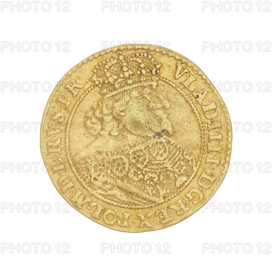 Gdansk ducat, Wladyslaw IV Vasa king of Poland; 1632–1648; engraved/struck by Gerhard Rogge fl. 1639–1657; place: Gdansk, Poland; coin., A worn round coin with a raised portrait of a person in profile wearing a detailed crown and ornate clothing, shown against a white background; the coin surface is textured with scratches and patina, and its predominant color is gold with areas of darker gold and some small darker spots.