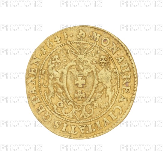 Gdansk ducat, Wladyslaw IV Vasa king of Poland; 1632–1648; maker: Rogge, Gerhard fl. 1639–1657, mint lessee; place: Gdansk, Poland; coin., A round gold coin with a worn surface showing a central shield flanked by a pair of standing animals and decorative foliage, surrounded by a beaded inner border and an outer ring of raised lettering; the coin displays a few darker spots and areas of patina and its predominant color is gold with hints of brown and pale green in places.