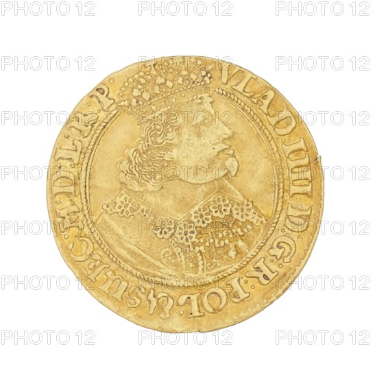 Gdansk ducat, Wladyslaw IV Vasa king of Poland; 1632–1648; maker: Rogge, Gerhard fl. 1639–1657, mint lessee; place: Gdansk, Poland; coin., A circular gold-colored coin with a raised portrait of a person in profile wearing a decorated collar and an ornate headpiece; the portrait area is surrounded by a raised border and a ring with raised decorative elements. The coin surface shows variations in tone with areas of darker patina and slight wear, and the overall colors visible are gold and darker golden-brown.