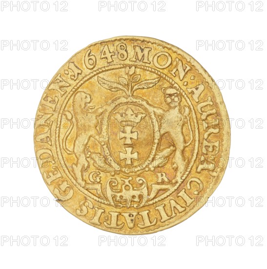Gdansk ducat, Wladyslaw IV Vasa king of Poland; 1632–1648; maker: Rogge, Gerhard fl. 1639–1657, mint lessee; place: Gdansk, Poland; coin., A circular metallic object with a worn golden surface showing a raised central emblem flanked by two stylized animal figures standing upright, decorative foliage above the emblem, and ornate scrollwork and patterned borders around the edge; the visible colors include shades of gold, pale yellow, and small areas of slightly darker tarnished brown.