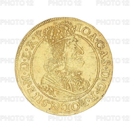 Gdansk ducat, John II Casimir Vasa King of Poland; 1648–1668, Lesse, Daniel mintmaster, 1656–1685, Gdansk, Poland; coin, A round gold-colored coin with a raised profile of a crowned figure facing right, wearing detailed hair and ornate clothing, surrounded by an inner beaded border and an outer decorative border containing raised characters; the surface shows variations in tone from bright yellow to darker golden areas and small spots of wear and tiny dark specks.