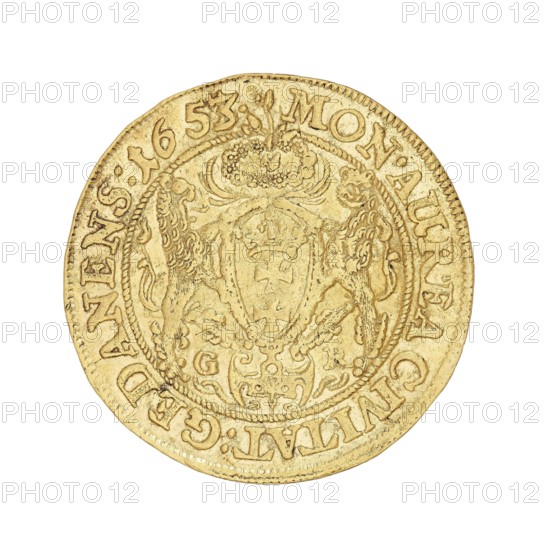 Gdansk ducat, John II Casimir Vasa King of Poland; 1648–1668, Lesse, Daniel mintmaster, 1656–1685, Poland, Gdansk, coin, A circular gold coin with a detailed raised design, showing a central shield flanked by two stylized animals and topped by a crown, surrounded by an ornate beaded border and decorative elements; the coin surface shows wear and slight irregularities along the edge. Colors visible include shades of gold and yellow with darker brownish-gold areas in the recessed details.