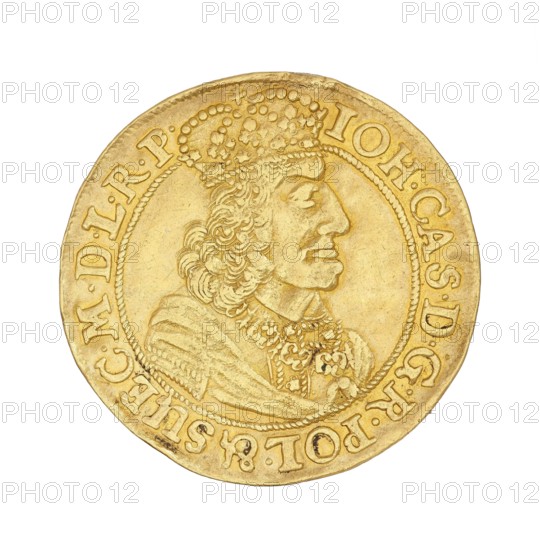 Gdansk ducat; Lesse, Daniel mintmaster, 1656–1685 and John II Casimir Vasa King of Poland, 1648–1668; Poland, Gdansk; coin, A round metallic object with a golden color fills most of the image, showing a raised portrait in profile of a person wearing an ornate crown and clothing with detailed textured hair and a decorative necklace; the portrait is encircled by a raised border and evenly spaced raised markings around the edge; the metallic surface shows variations in sheen and small worn areas, with colors mainly gold and hints of darker gold shading.