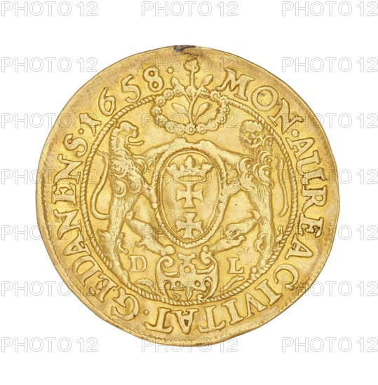 Gdansk ducat; Lesse, Daniel mintmaster, 1656–1685 co-creator; John II Casimir Vasa King of Poland, 1648–1668 author; Poland; Gdansk; coin, A round metallic object with a golden-yellow color, showing an ornate central shield flanked by two stylized animals and topped by a decorative floral motif, surrounded by a raised circular border and an outer band of embossed characters, with variations in the gold tone and small darker spots and wear marks on the surface.