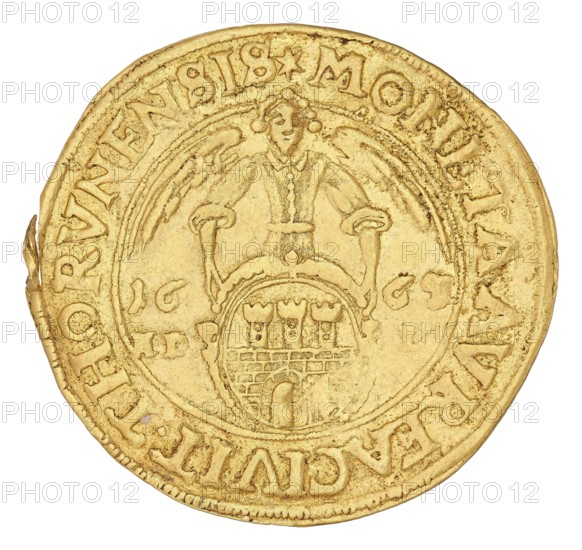 Torun double ducat, John II Casimir Vasa King of Poland; 1648–1668; Lauer, Hans Dawid mint lessee; 1649–1669; Poland; Torun; coin., A circular gold coin with a raised rim showing worn edges and small irregularities, featuring an embossed central figure with stylized wings and a robe, holding curved shapes that extend toward a shield-like emblem below; the shield area displays a textured pattern resembling bricks and three tower-like shapes above an arched opening; concentric circular borders surround the central scene and a ring of raised decorative lettering follows the coin's outer edge; the overall colors visible are various shades of gold and yellow with slightly darker golden-brown tones in recessed areas and along worn edges.