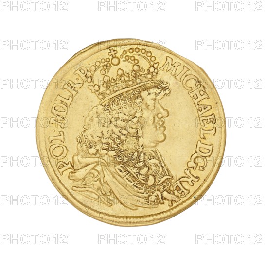 Gdansk ducat, Michal Korybut Wisniowiecki king of Poland; 1669–1673, Daniel Lesse mintmaster; 1656–1685, Poland, Gdansk; coin, A round golden coin with a raised portrait in profile of a person wearing a detailed ornate crown and a curly wig, the portrait shows facial features and a draped garment with decorative patterns; the coin surface has embossed decorative elements and an inner raised rim, and the visible colors are shades of gold and yellow.