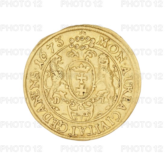 Gdansk ducat, Michal Korybut Wisniowiecki king of Poland; 1669–1673, Daniel Lesse mintmaster, 1656–1685, Poland, Gdansk, coin, A circular gold-colored coin with a raised rim and an embossed central design featuring a shield-like emblem flanked by two standing creatures and decorative flourishes, with ornamental patterns around the inner circle and a textured outer band; the visible colors are shades of gold and yellow with subtle darker gold shading in the recessed areas.