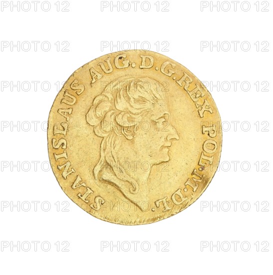 Crown ducat; Brenn, Efraim mint master; 1741–1792 mint master, co-creator; Stanislaw August Poniatowski king of Poland; 1764–1795 ruler, author; Poland; Warsaw mint; coin, A round metallic object with a worn surface showing a raised profile of a person facing right, surrounded by a raised rim and evenly spaced raised characters along the edge; the object is predominantly gold with variations of yellow and muted bronze tones, and it rests on a plain white background.