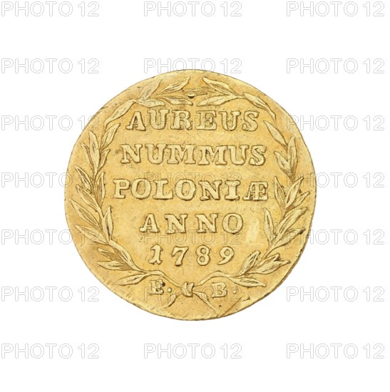 Crown ducat; Brenn, Efraim mint master; 1741–1792 mint master / co-creator; Stanislaw August Poniatowski king of Poland; 1764–1795 ruler / author; Poland; Warsaw mint; coin, A circular golden coin with a wreath design around its inner edge, showing textured metal surface and raised details; the coin appears mostly gold with variations in darker and lighter golden tones and small areas of darker brownish wear.
