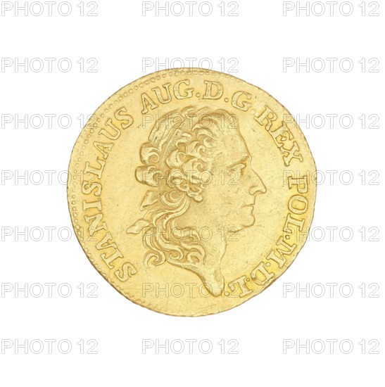 Crown ducat, Stanislaw August Poniatowski King of Poland; 1764–1795 creator, Efraim Brenn Mintmaster; 1741–1792 co-creator, Poland, Warsaw, coin, A circular coin with a profile relief of a person's head facing right, showing detailed wavy hair and facial features, set against a plain background. The coin appears metallic with a golden color and slightly darker golden shading in recessed areas, and a few small scuffs or wear marks on its surface. The rim of the coin is decorated with a row of small raised dots and a ring of raised lettering around the portrait, all in matching golden tones. The surrounding area outside the coin is a clean white.