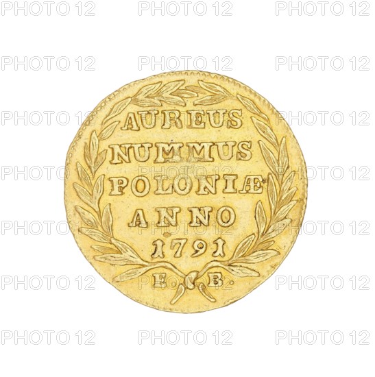 Crown ducat, Stanislaw August Poniatowski King of Poland; 1764–1795 creator, Efraim Brenn Mintmaster; 1741–1792 co-creator; Intendant of the Mint, struck in Warsaw, Poland; coin., A round gold coin with a raised rim, showing a laurel wreath design around the edge and a central area with horizontal banding; the coin surface is various shades of yellow and gold with darker recessed lines and lighter highlights on raised details, and small areas of wear and slight discoloration.