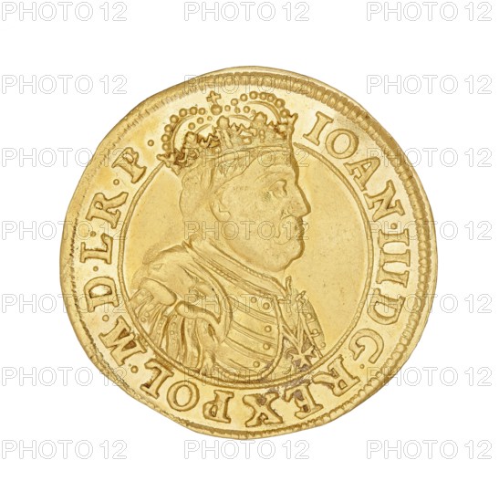 Gdansk ducat, John III Sobieski King of Poland; 1674–1696, Daniel Lesse mintmaster, 1656–1685, struck in Gdansk, Poland; coin., A round metallic object with a golden color showing a raised profile of a crowned man facing right, wearing detailed clothing with decorative patterns and a medallion; the rim has a raised edge with decorative dots and an inner circular border; the surface shows slight wear and varied gold tones from bright to muted.