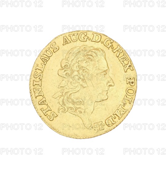 Crown ducat, Stanislaw August Poniatowski King of Poland; 1764–1795 creator/author, Poland country, Warsaw mint, coin, A round gold-colored coin with a raised profile of a person facing right at the center, showing detailed wavy hair and facial features; the coin has a textured rim and a ring of raised decorative elements around the portrait; visible colors include gold and subtle variations of yellow and light brown on the metal surface.